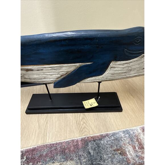 Hand Carved Bali Wooden Whale Sculpture on Stand 38” Ubud Coastal Decor - Picture 6 of 8